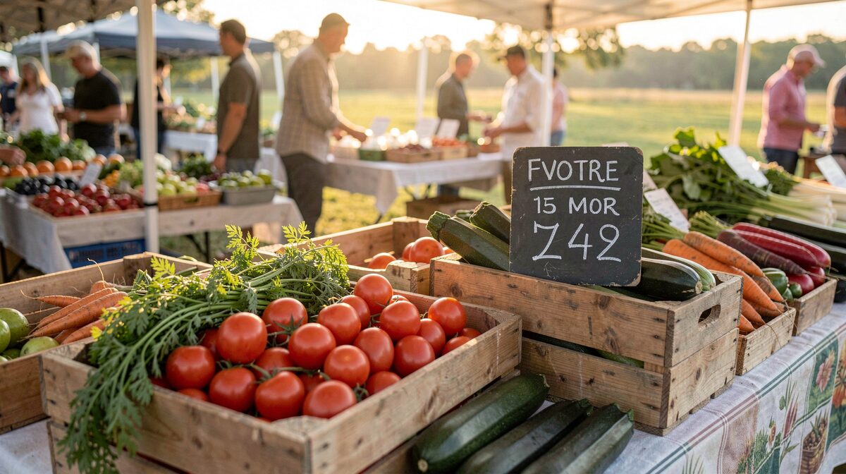 Un étal de marché en plein air au petit matin, cageots de bois de tomates et de courgettes, fanes de carottes encore vertes, ardoise de prix à la craie posée sur une caisse, lumière rasante d'été, cadrage serré à hauteur de table.